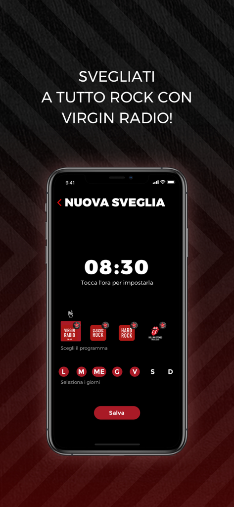Interfaccia di impostazione della sveglia nell'app Virgin Radio Italy per la musica rock