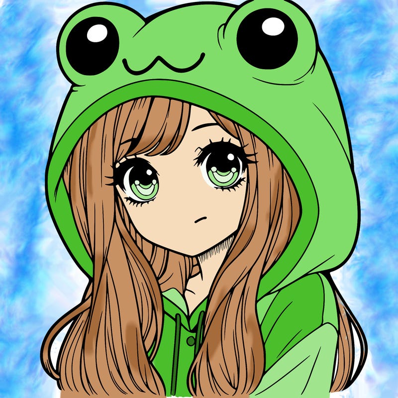 a pretty girl wearing a frog hoodie portrait with long hair