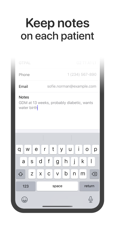 OB Tracker & Pregnancy Wheel - Smartphone screen showing the patient notes and contact details section in the OB Tracker app