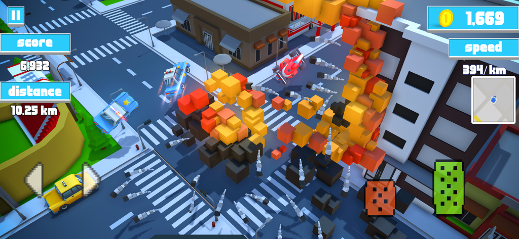 Action gameplay from Police Chase Escape Road showing a yellow car escaping police through a city explosion