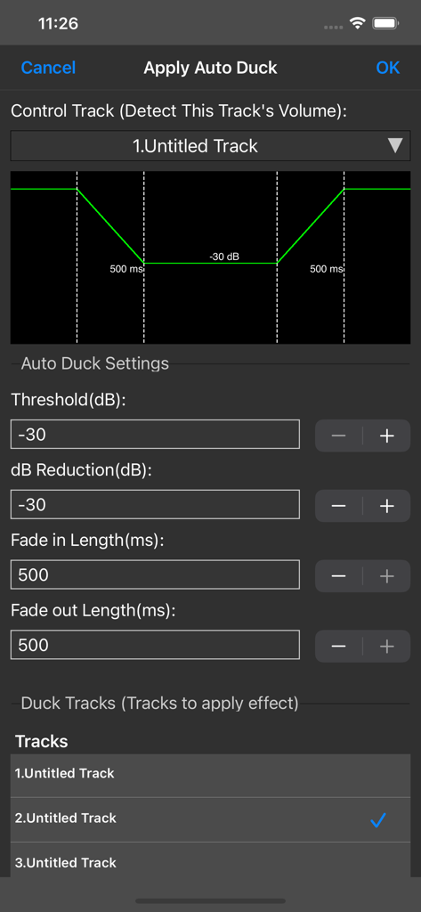 Express Mix Multitrack Mixer - Auto duck settings menu in the Express Mix audio mixer app
