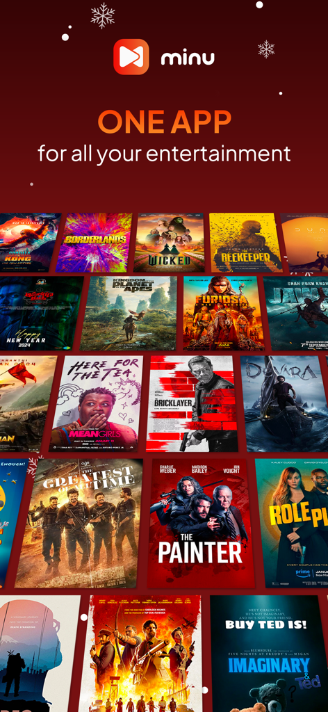 Minu app logo and slogan ONE APP for all your entertainment with a grid of popular movie posters