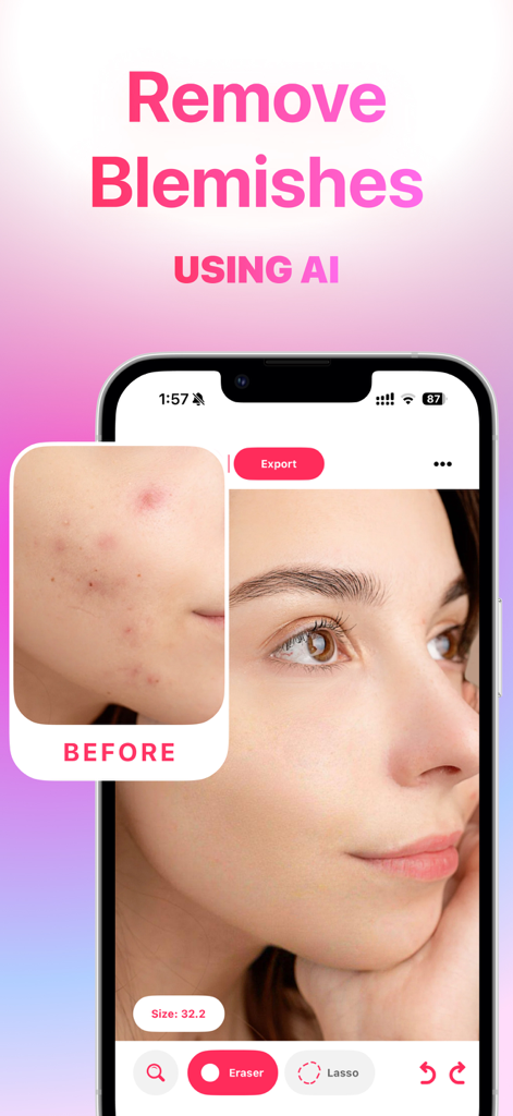 모바일 앱 인터페이스에서 AI 기술을 사용하여 피부 결점을 제거하는 전후 비교