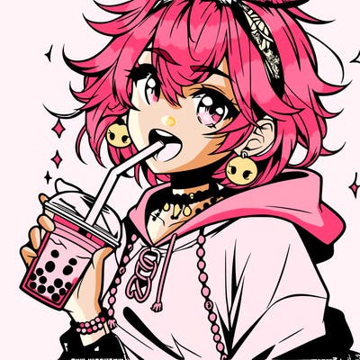 hot baddie anime girl drinking boba and biting the straw