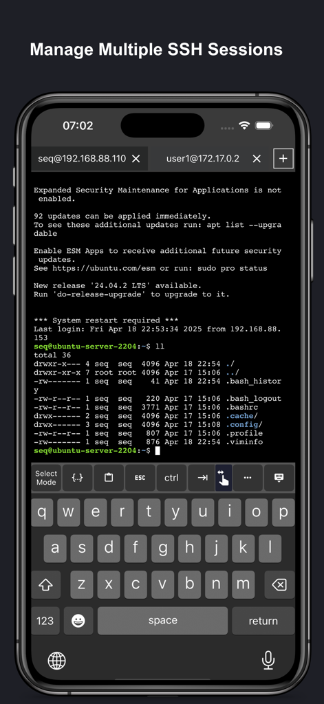 SSH Client Pro - Stats & Shell - SSH Client Pro interface displaying multiple active SSH sessions and terminal command line on an iPhone