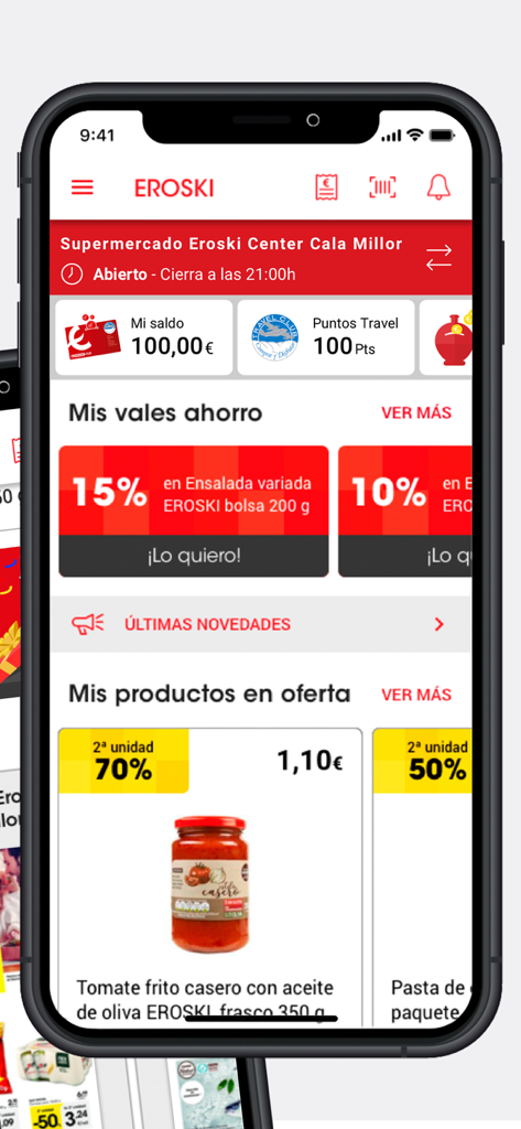 Painel da aplicação móvel EROSKI Supermercados com o saldo do cartão de fidelidade digital, cupões de poupança e ofertas semanais de produtos