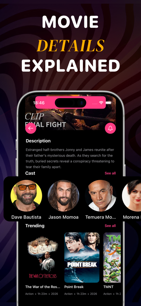 Interface de l'application Streamex affichant les détails du film avec la description, les photos du casting de Jason Momoa et Dave Bautista, et une section sur les films tendance.