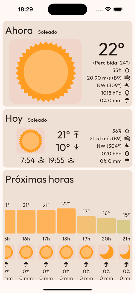 Zaragoza Bus Tranvia Cercanias - Interfaz de pronóstico del tiempo mostrando la temperatura actual y el pronóstico por hora en la aplicación de transporte de Zaragoza