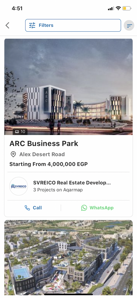 Aqarmap Egypt - Aqarmap Egypt app displaying a commercial property listing for ARC Business Park on Alex Desert Road