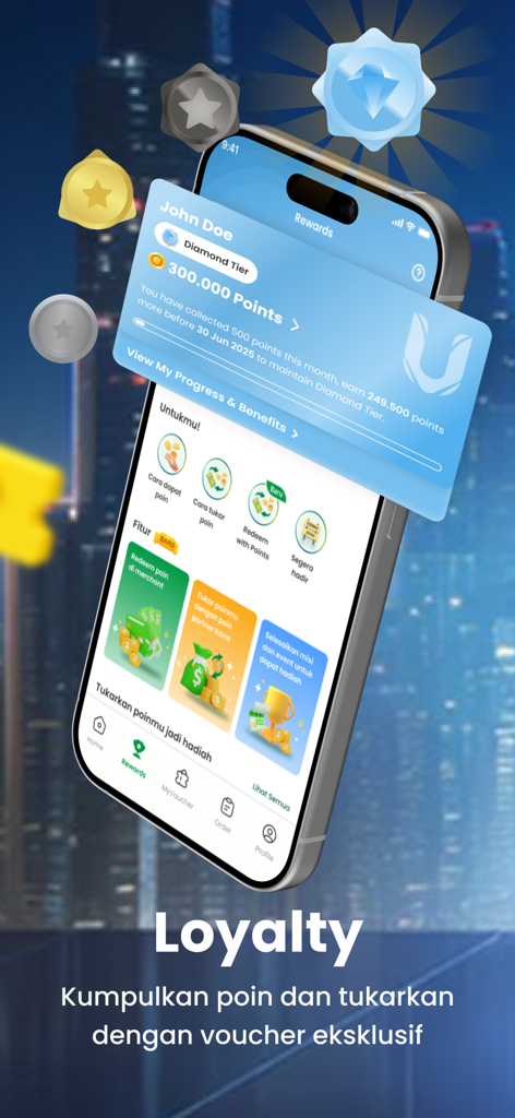 UltraVoucher: Diskon & UFood - UltraVoucher mobile app screen showing loyalty points and diamond tier rewards status
