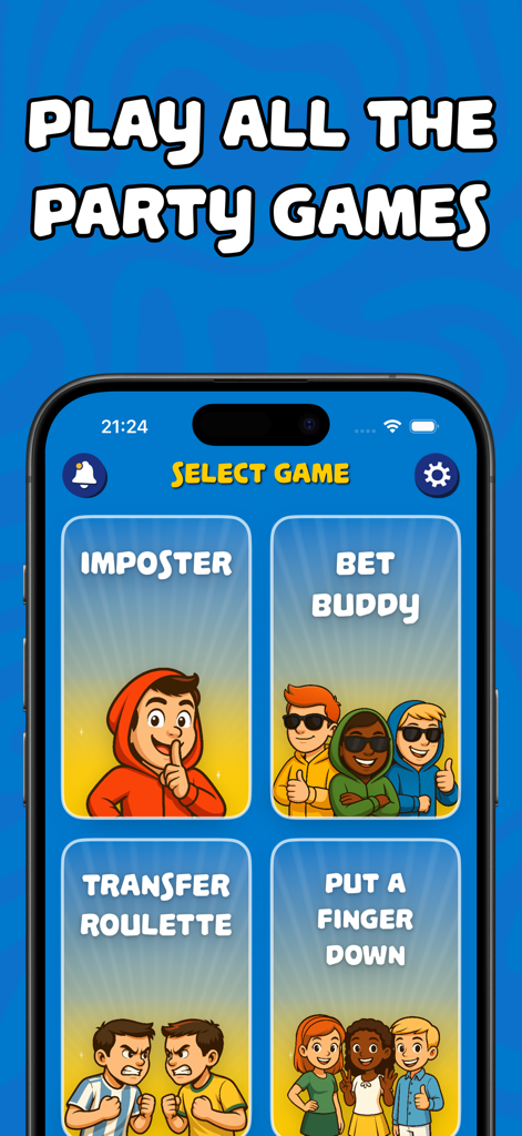 Cluso – Find the Impostor - Una pantalla de selección dentro de la aplicación Cluso que muestra múltiples modos de juego de fiesta como Impostor y Bet Buddy