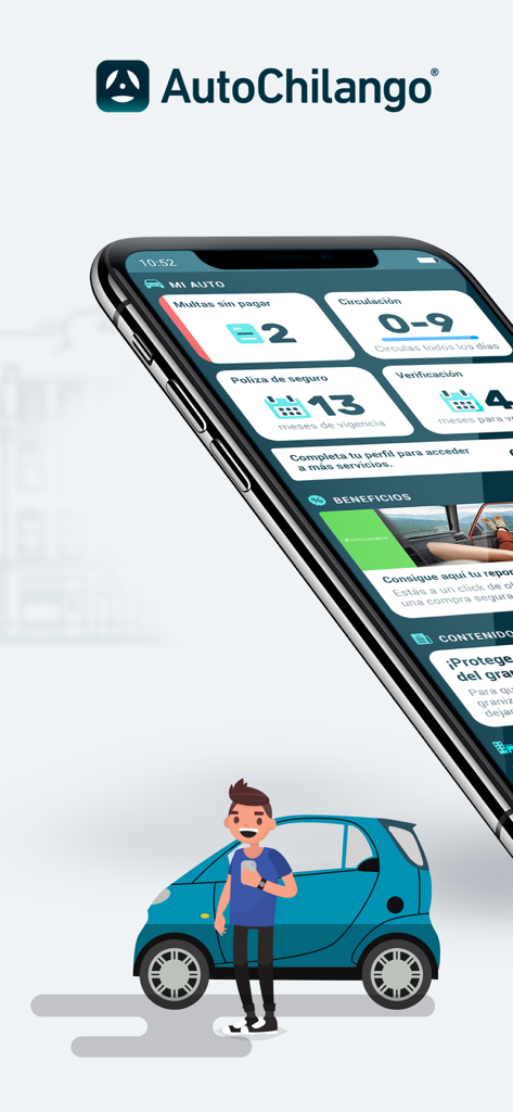 Auto Chilango - Auto Chilango App-Oberfläche, die Fahrzeugverwaltungsfunktionen wie Bußgelder und Versicherungen zusammen mit einem Cartoon-Fahrer und einem blauen Auto zeigt
