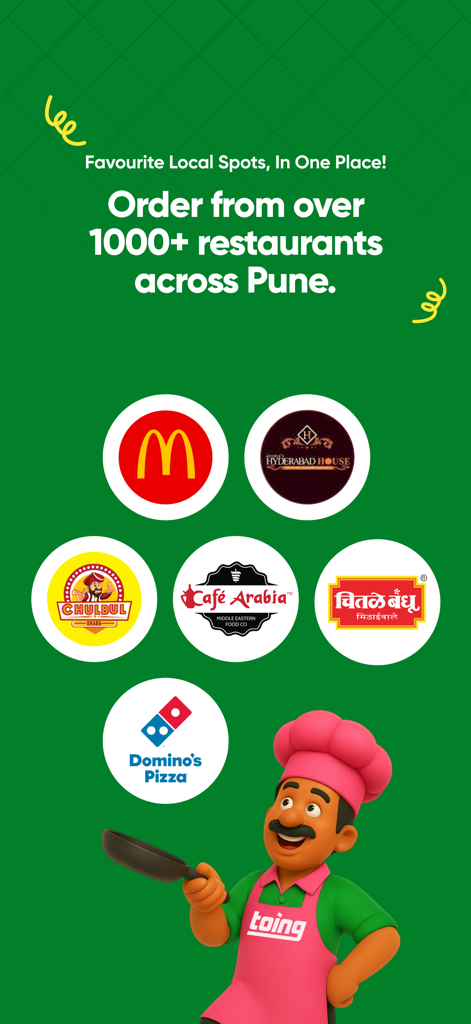 Promotional screen for Toing food delivery app featuring popular Pune restaurants like McDonalds and Dominos