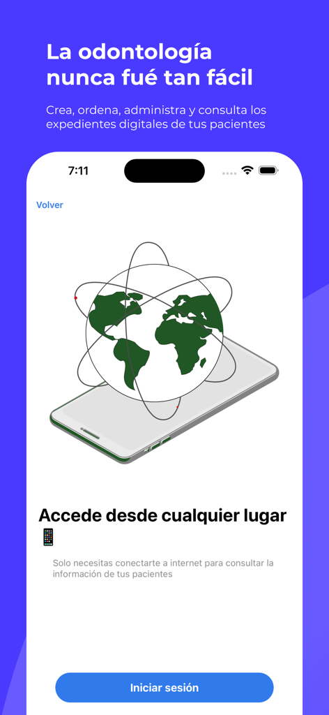 OneClick: Expedientes Dentales - Mobile app interface for OneClick showing a globe on a smartphone with Spanish text about easy access to dental patient records.