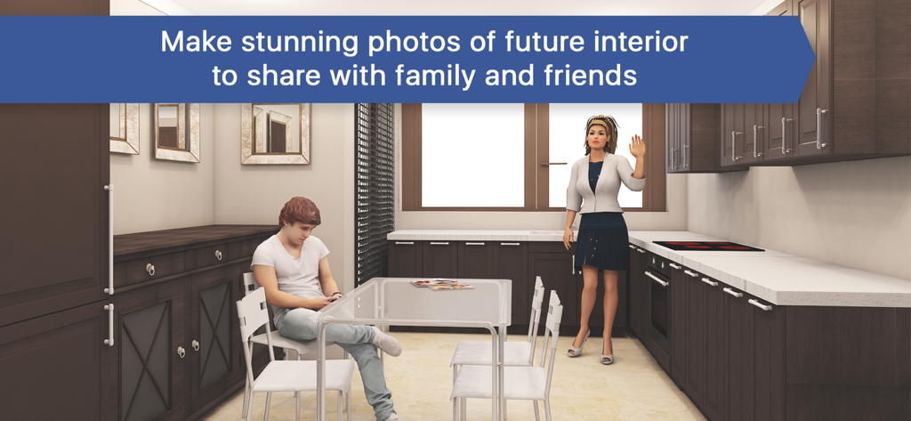Rendu de conception de cuisine 3D photoréaliste avec des personnages pour partager les plans d'intérieur avec la famille.