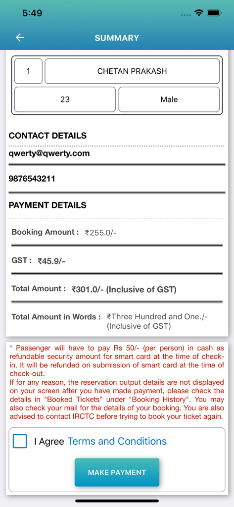Booking summary and payment page in the IRCTC Tourism app