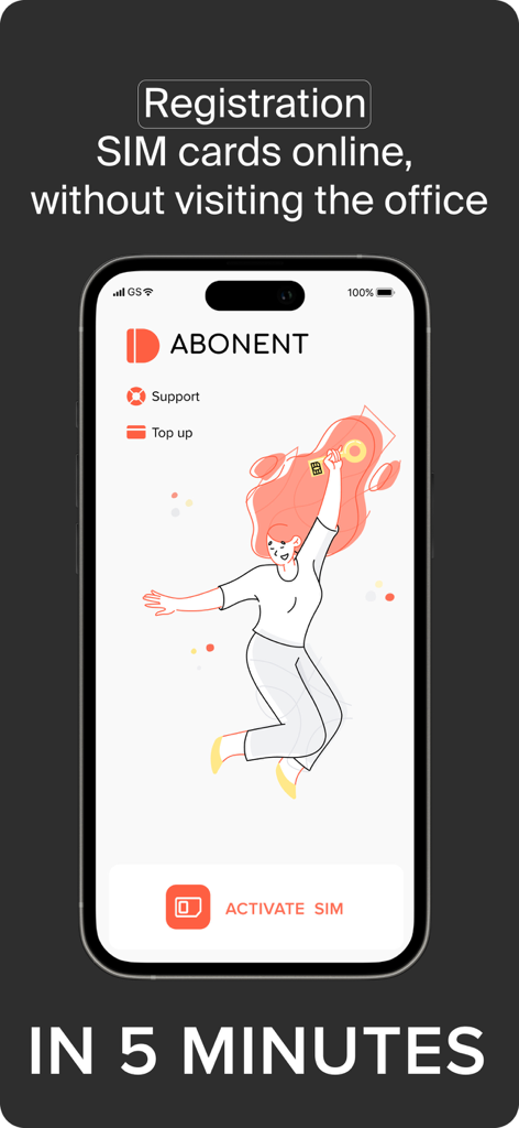 ID.Abonent - Schermata principale dell'app ID.Abonent che mostra le funzionalità di registrazione della SIM card online e il pulsante di attivazione.
