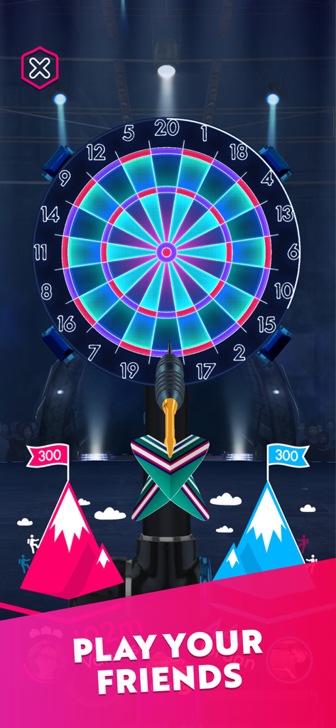 Darts of Fury: PvP Multiplayer - Una diana que brilla con luces de neón en Darts of Fury con el texto Juega con tus amigos e iconos de puntuación con temática de montaña.