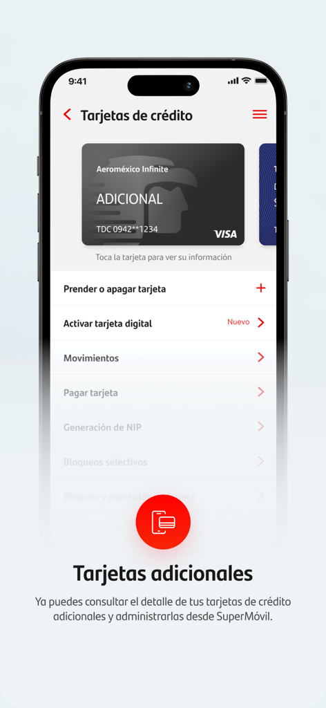 Pantalla de la aplicación móvil Santander SuperMovil para gestionar tarjetas de crédito adicionales