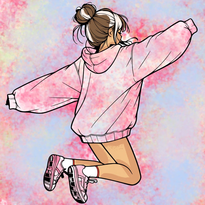 realistic girl jumping with a bun and oversized sweatshirt