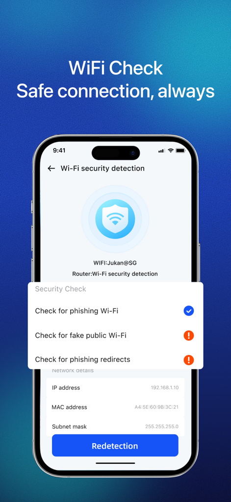 Secure Cleaner: Clean & Safe - Smartphone screen showing the WiFi safety check feature of the Secure Cleaner app.