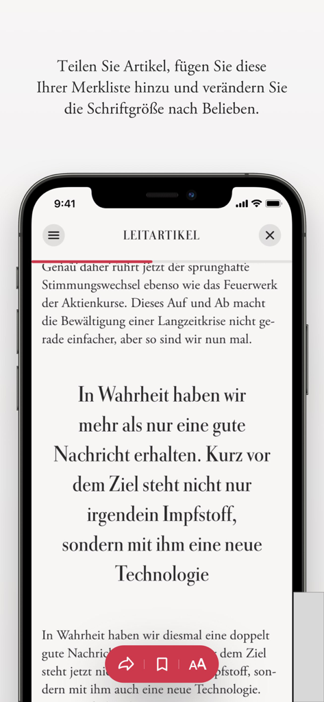 DIE ZEITニュース記事の画面をスマートフォンに表示し、共有、ブックマーク、テキストサイズの調整オプションを表示しています。