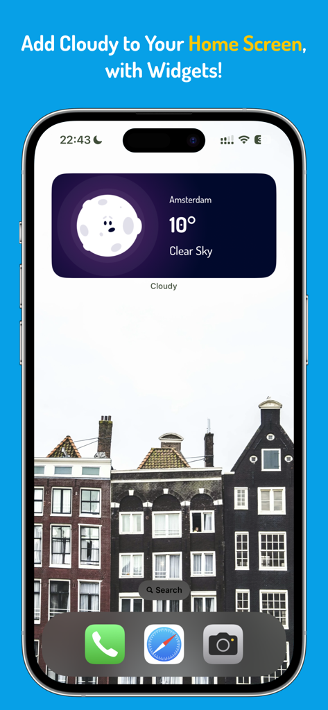 Cloudy - Cute Weather App - An iPhone home screen featuring a cute Cloudy app weather widget with a kawaii moon icon showing clear skies in Amsterdam.