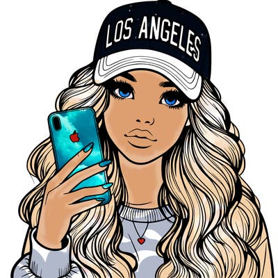 realistic beautiful girl wearing los ángeles cap holding an iphone
