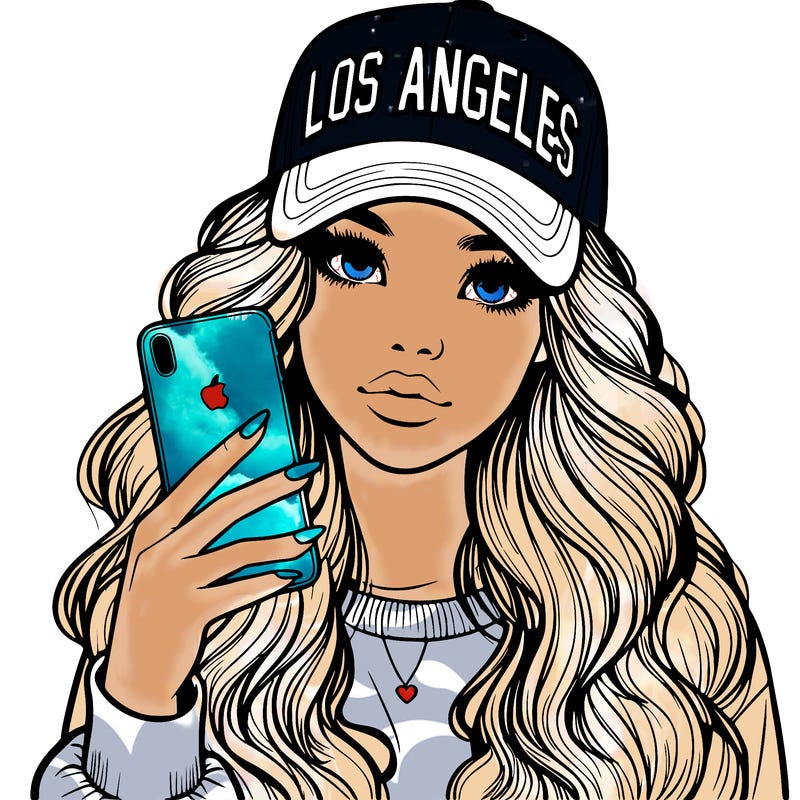 realistic beautiful girl wearing los ángeles cap holding an iphone