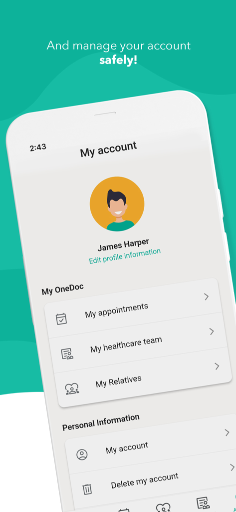 OneDoc - Schermata del profilo utente dell'app mobile OneDoc che mostra le opzioni per gestire in modo sicuro appuntamenti, team sanitario e parenti.