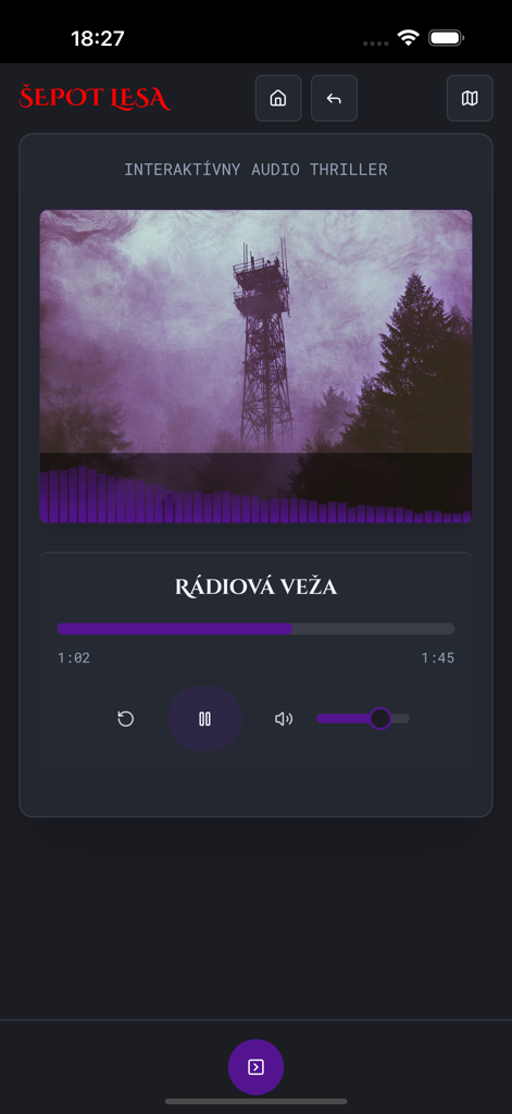 Šepot lesa - Interactive audio player screen from Sepot lesa featuring a mysterious radio tower in a foggy forest