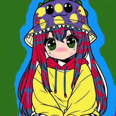 girl with anime shaped eyes with a dinosaur bucket hat oversized sweatshirt long straight hair