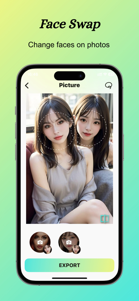 FaceMorpher - AI Swap Videos - FaceMorpher mobile app screen showing a photo face swap between two people.