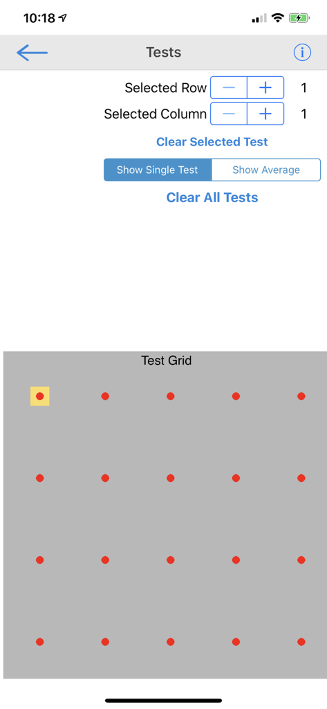 RT60 - Interface de l'application RT60 affichant une grille pour sélectionner et gérer plusieurs points de mesure acoustique dans une pièce.