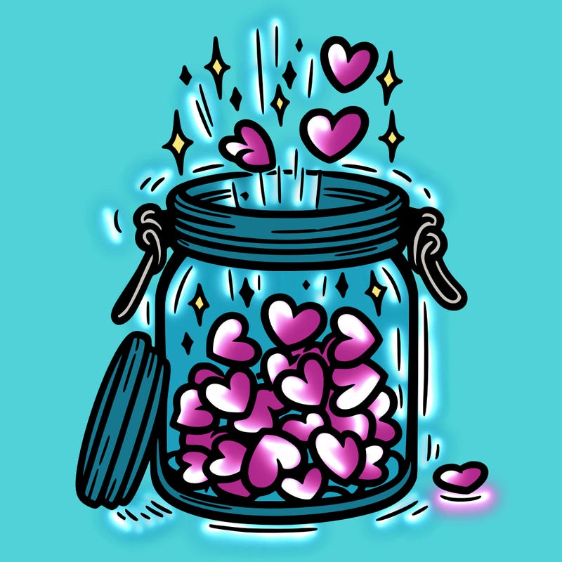 a jar filled with glowing hearts slowly opening and releasing them.