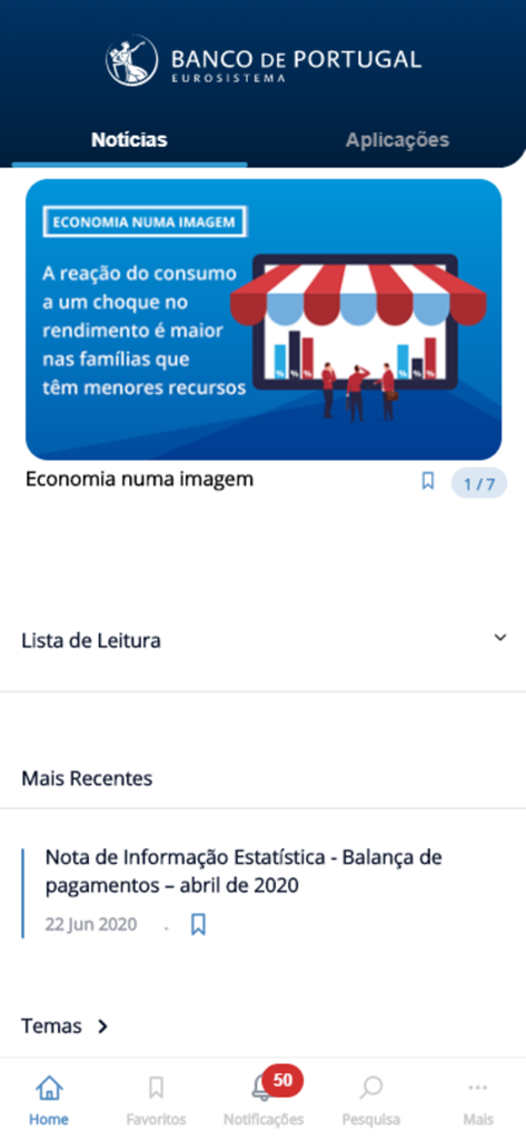 Capture d'écran de l'application mobile de la Banque du Portugal affichant des actualités économiques et des informations statistiques
