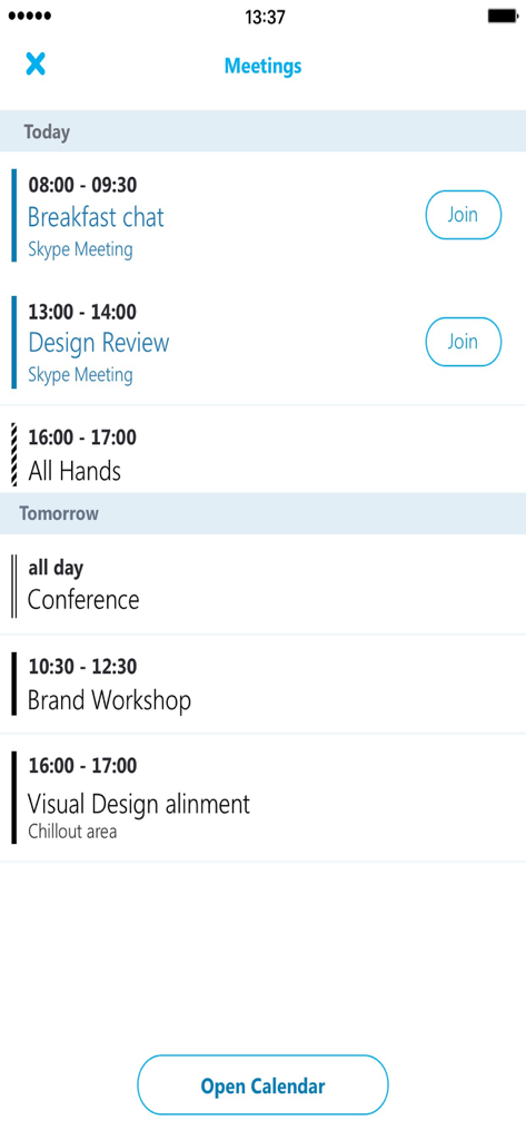 Interfaz del calendario de reuniones en Skype para Empresas que muestra una lista de citas diarias y botones de unión.