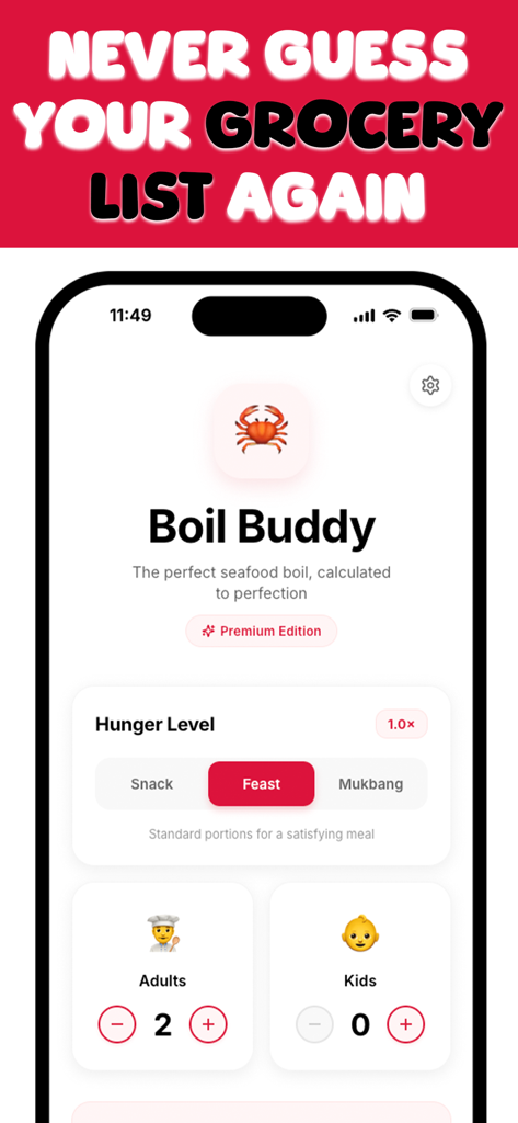 Boil Buddy: Seafood Calculator - Interfaz de la aplicación Boil Buddy para configurar el nivel de hambre y el número de invitados para un "seafood boil".