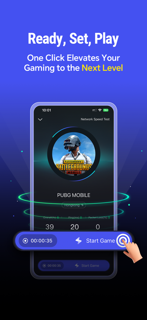 Interface do aplicativo LagoFast mostrando otimização de jogo com um toque para PUBG Mobile com ping de 20ms.