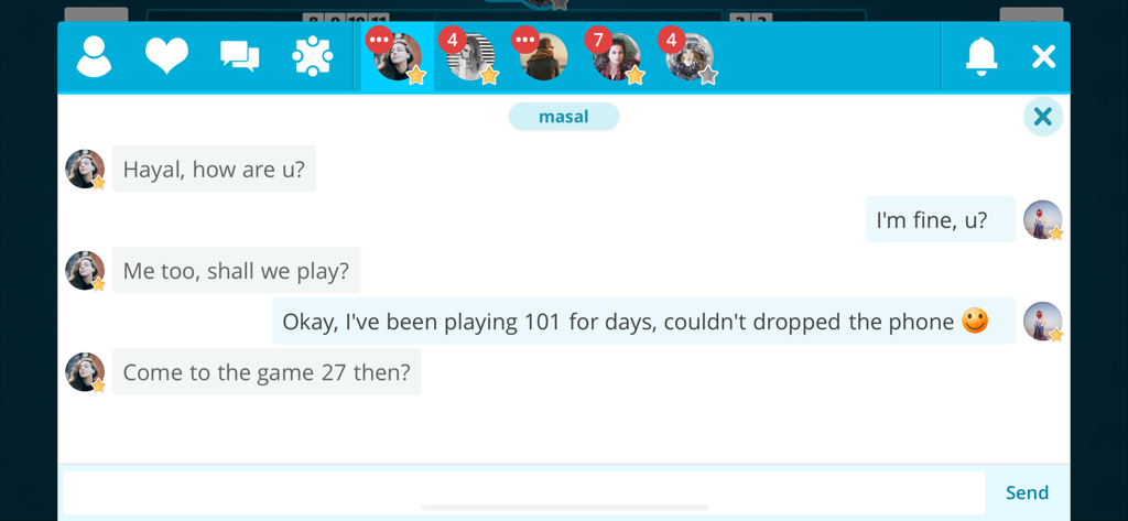 In-game chat screen of 101 Yuzbir Okey showing players socializing and coordinating a match.