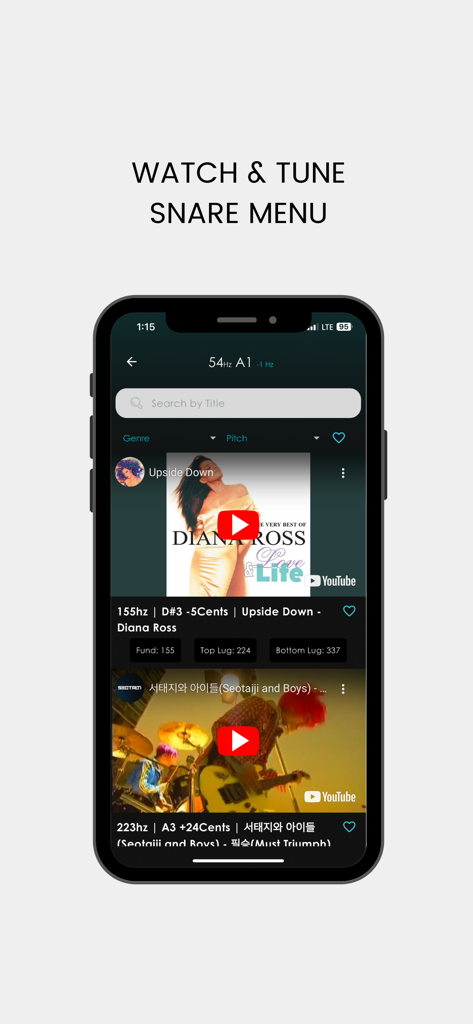 Ultimate Drum Tune - Das Watch and Tune Snare-Menü in der Ultimate Drum Tune App mit Drum-Tonhöhendaten und YouTube-Video-Referenzen.