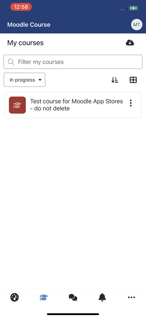 ETH Moodle - Oberfläche der ETH Moodle Mobile App, die den Bildschirm Meine Kurse mit einer Suchleiste und einem Testkurs-Listenelement anzeigt.