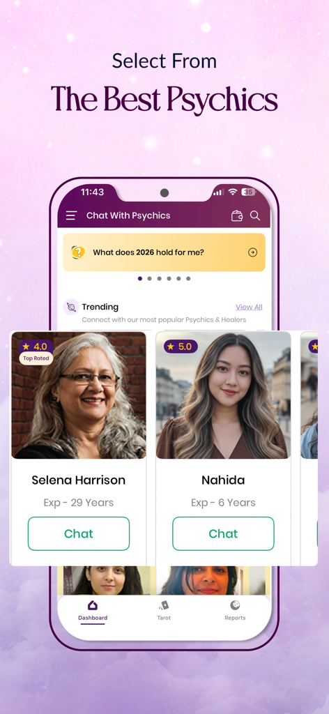 Tarot Life app interface showing profiles of verified psychics and healers with ratings and experience for live chat.
