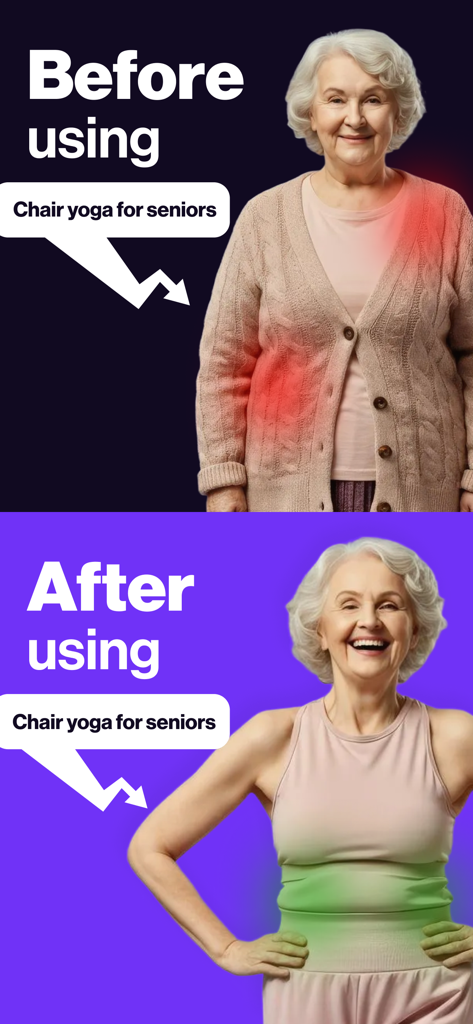 Chair Exercises for Seniors - Before and after comparison showing a senior woman transitioning from joint pain to a healthy active lifestyle using chair yoga