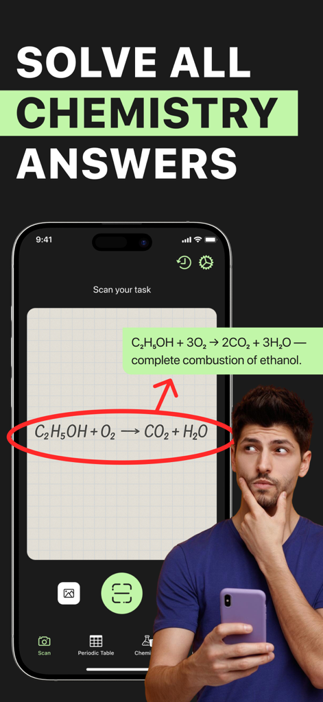 Chemistry Solver - AI Chat - Mobile app interface showing a student scanning a chemical equation to get an instant AI solution