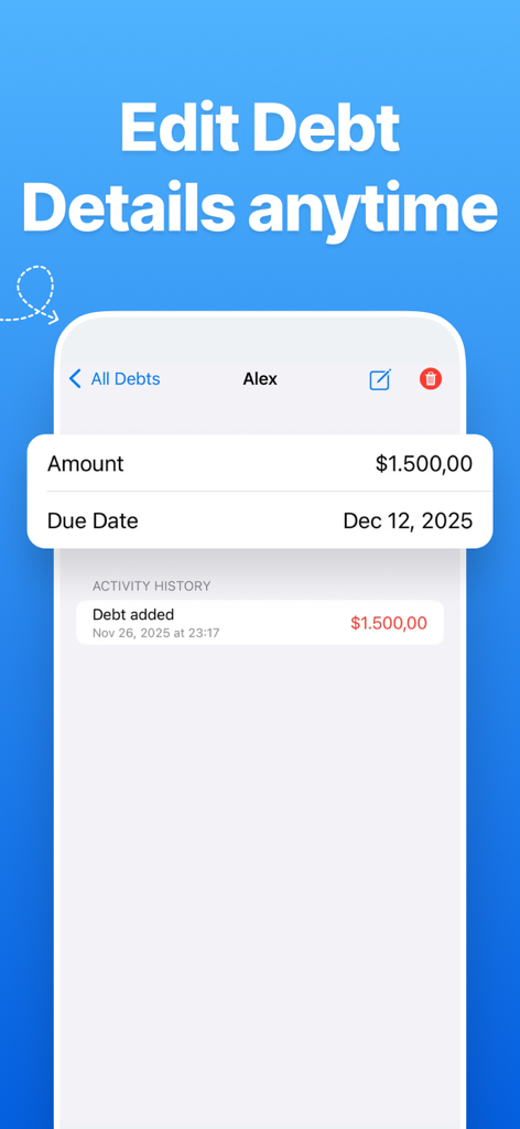 Debt Tracker & Manager - Captura de pantalla de la interfaz de la aplicación Rastreador y Gestor de Deudas para editar el monto de la deuda y los detalles de la fecha de vencimiento
