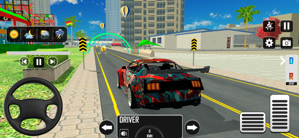 Driving Academy Car Game - Captura de tela da jogabilidade do Jogo de Carro da Autoescola mostrando um carro em uma rua da cidade com volante e pedais na tela.