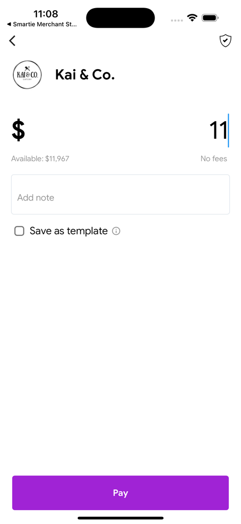 Smartie: The smart way to pay - Smartie app interface showing a payment screen for a local merchant with a pay button