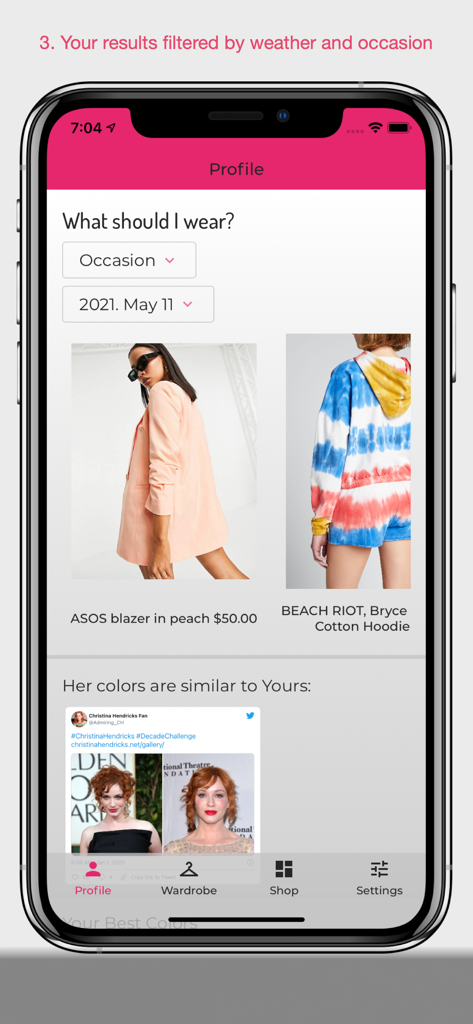 Écran de profil de l'application Your Stylist montrant des suggestions de tenues basées sur la météo et l'occasion avec des comparaisons de couleurs de célébrités.