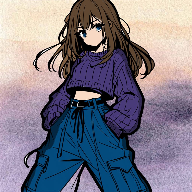 anime teen girl with baggy pants and crop top with sweater